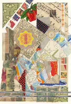 Robert H. Stockton, 'Changing My Tune', 2007, original Mixed Media, 10 x 14  x 1 inches. Artwork description: 3099  A mixed media piece created from a variety of found materials, including: old maps, billboard material, old letters ( with stamps) , wallpaper, foeign currency, small pieces of matchbox labels, a decal ( strawberries) , sheet music, newspaper, as well as acrylic and gouache paint.  The piece is framed in black ...