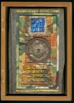 Robert H. Stockton, 'Fallen Idol', 1999, original Assemblage, 4 x 6  x 2 inches. Artwork description: 2703 This small assemblage is created from bits of this and that, including: weathered wood, old billboard material, a piece of 1940' s linoleum, rusted, worn, and weatherd metal scraps, wire mesh, fabric, and acrylic paint.  It is framed in a four- and- a- half, by six, by ...