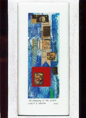 Robert H. Stockton, 'The Astronomy Of The Heart', 2003, original Mixed Media, 7 x 13  inches. Artwork description: 2307 This mixed media piece incorporates a variety of materials including monotype, old maps, illustration from a 1950' s geography textbook, wire screen, various other found papers, and acrylics.  The actual artwork size is 3 x 9.  It is framed, under glass, in a whitewashed wooden frame that ...