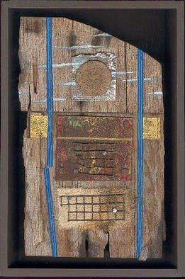 Robert H. Stockton, 'Walking Past Silveras', 1996, original Assemblage, 5 x 8  x 2 inches. Artwork description: 2703 This assemblage uses a piece of weathered wood as a background, and is composed of rusted wire mesh, part of an old rusted coffee can, stained fabric, gold leaf, and acrylic paint.  A brown/ gray shadowbox completes the composition.  It' s theme is based on a childhood ...
