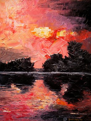 Sergey Bezhinets; After Storm, 2007, Original Painting Oil, 16 x 20 inches. Artwork description: 241   landscape, abstract, sun, trees, bush, bold, color, red, lake, storm, clouds  ...
