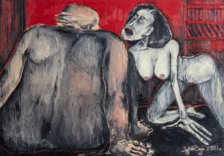 Andrei Sido; Dialogue, 2001, Original Painting Oil, 70.5 x 100 cm. Artwork description: 241  the fear, the horror, the city, man, dark, night, death, loneliness, longing, inevitable catastrophe        ...