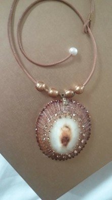 Sheri Daniels-Wood; Golden Sparkle, 2018, Original Jewelry, 2 x 2 inches. Artwork description: 241 This a a beautiful embelished Opihi shell from the big Island of Hawaii. I hand sanded until it shined. I added a glossy finish to it and embelished it with topaz crystals. It s got all the bling. This would be great for a wedding.This is ...