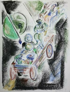 Shoshannah Brombacher, 'The Wagon Of The Baal Shem', 1995, original Drawing Pastel, 12 x 18  cm. Artwork description: 1758 The artist has made numerous drawings of the Chassidic Master called the Baal Shem Tov, or Besht, his wagon, and stories about him.  Here he flies miraculously through the air with his Chassidim.  ...