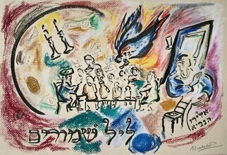 Shoshannah Brombacher; Leyl Shimmurim The Seder, 2022, Original Pastel Oil, 16 x 12 inches. Artwork description: 241 I created a lot of art for Pesach, wrote a complete Haggadah, series of the 15 Steps, Chad kadya, Echad mee yodea, in black and white or in color, painted the seder, and more. This drawing shows a seder, Eliahu, and the text Leyl Shimmurim, the Night ...