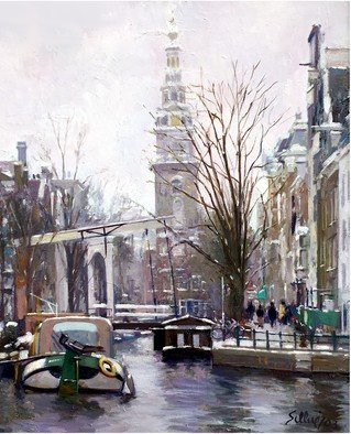 Francisco Sillue; Luz Invernal En Amsterdam, 2003, Original Painting Oil, 38 x 46 cm. Artwork description: 241 Winter Light in Amsterdam. View of the old drawbridge in  Staalstraat  in the background, the church and canal  Groenburgwal  seen from  Amstel  with the channel  Binnenamstel  in front. Claude Monet  1840- 1926 , He painted this canvas, from a very similar position more than 100 years ago.The ...