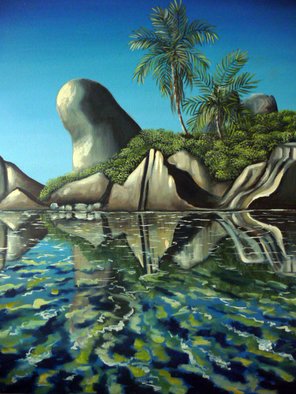 Emese Simon; Seychelles Scene, 2002, Original Painting Oil, 28 x 38 inches. Artwork description: 241 oil painting of the  Seychelles rock formations on the beach, with crystal clear blue and turquoise water...