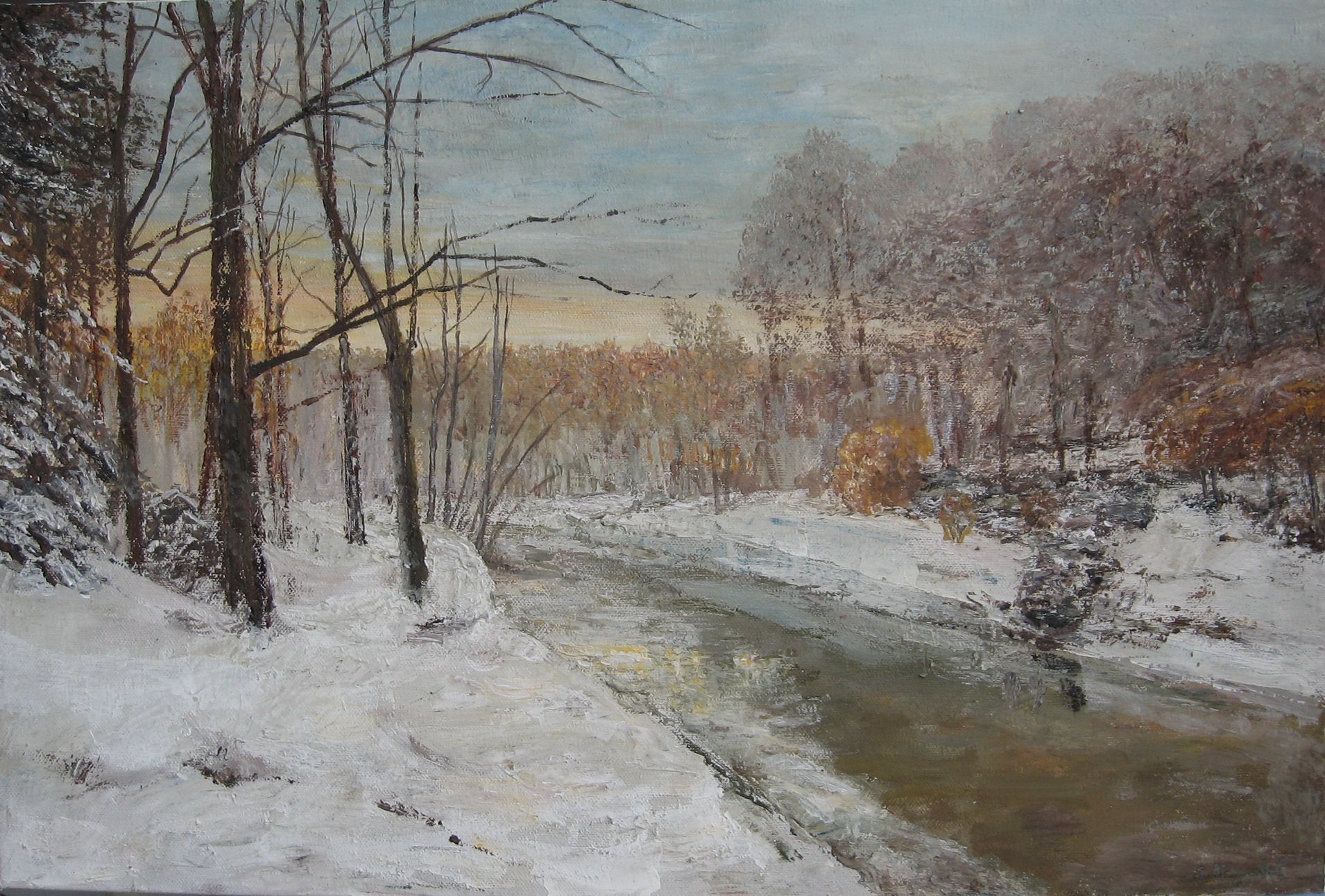 Slobodan Paunovic, , , Original Painting Acrylic, size_width{Winter_motif_with_river-1518293267.jpg} X  