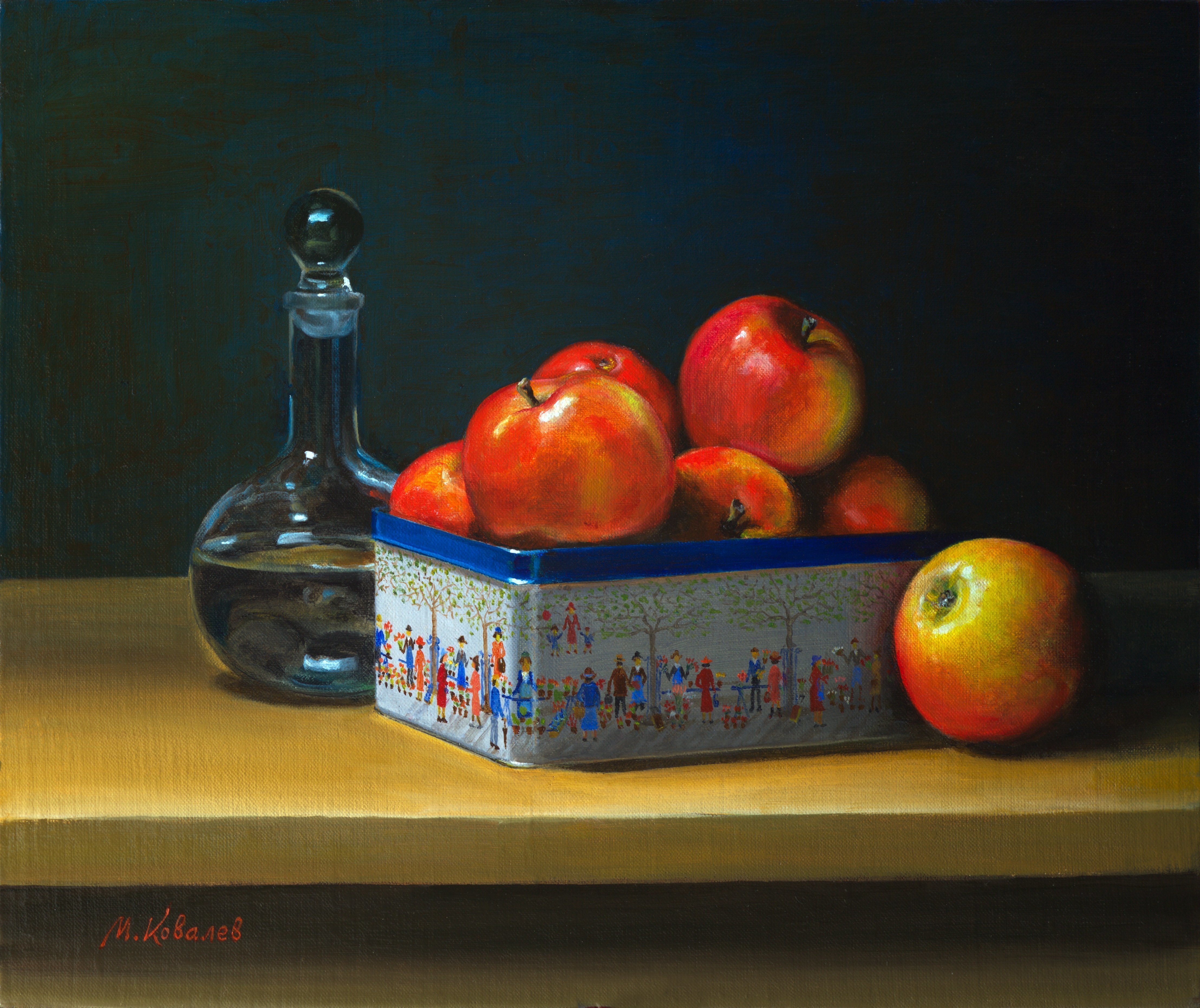 Mikhail Velavok; Apple Box, 2016, Original Painting Oil, 19 x 16 inches. Artwork description: 241  apple, box, carafe, decanter, table, still life, red, yellow, dark...