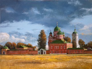 Mikhail Velavok; September, 2015, Original Painting Oil, 16 x 12 inches. Artwork description: 241  Russia, monastery, cathedral, autumn, storm, cloud, field, yellow, red...
