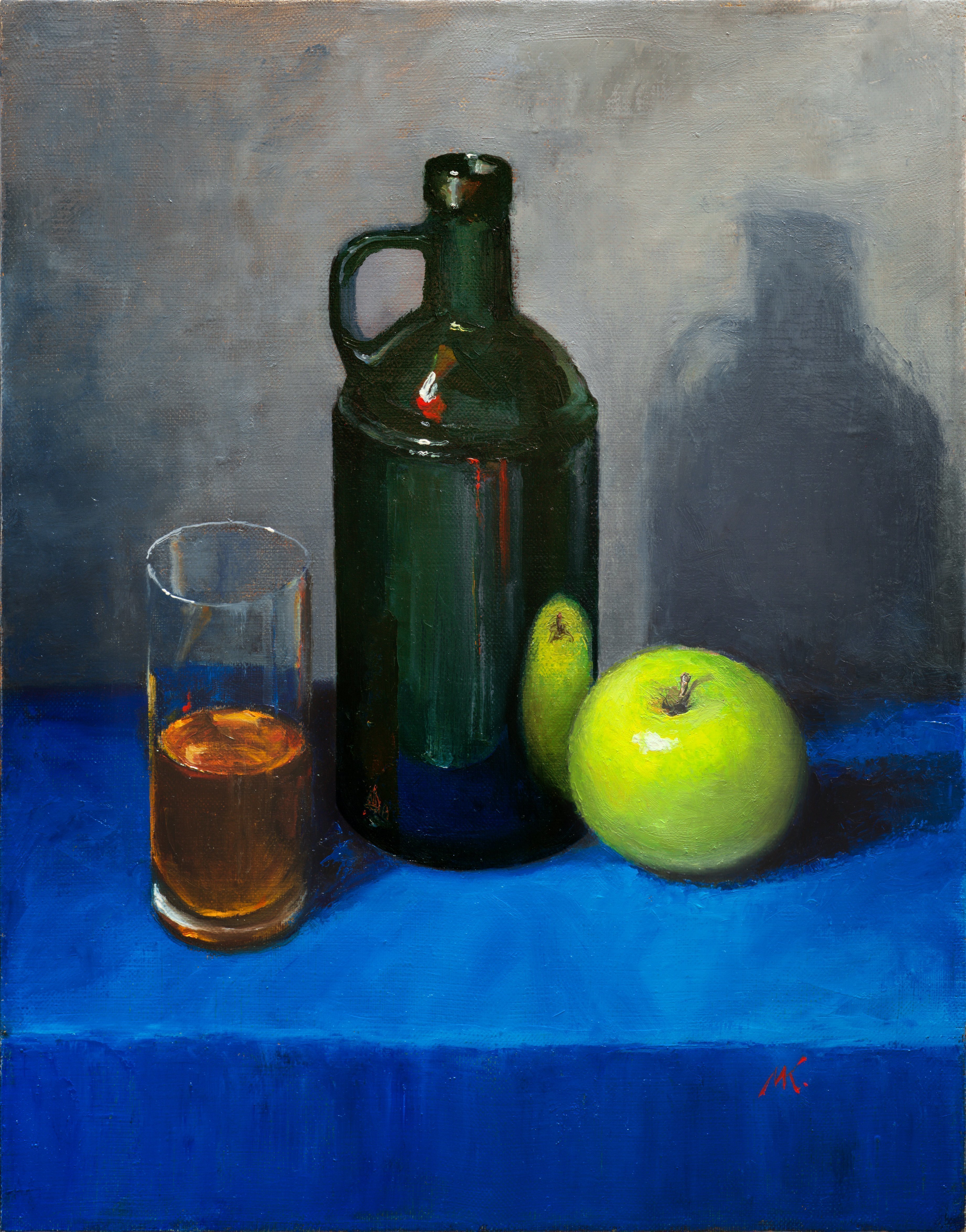 Mikhail Velavok; Blue Table, 2017, Original Painting Oil, 13.8 x 17.7 inches. Artwork description: 241 Original oil painting on canvas. The work is being sold unframed. The frame in the additional photo is an example only.apple, green apple, shadow, glass, bottle, bottle glass, green glass, dark, blue...