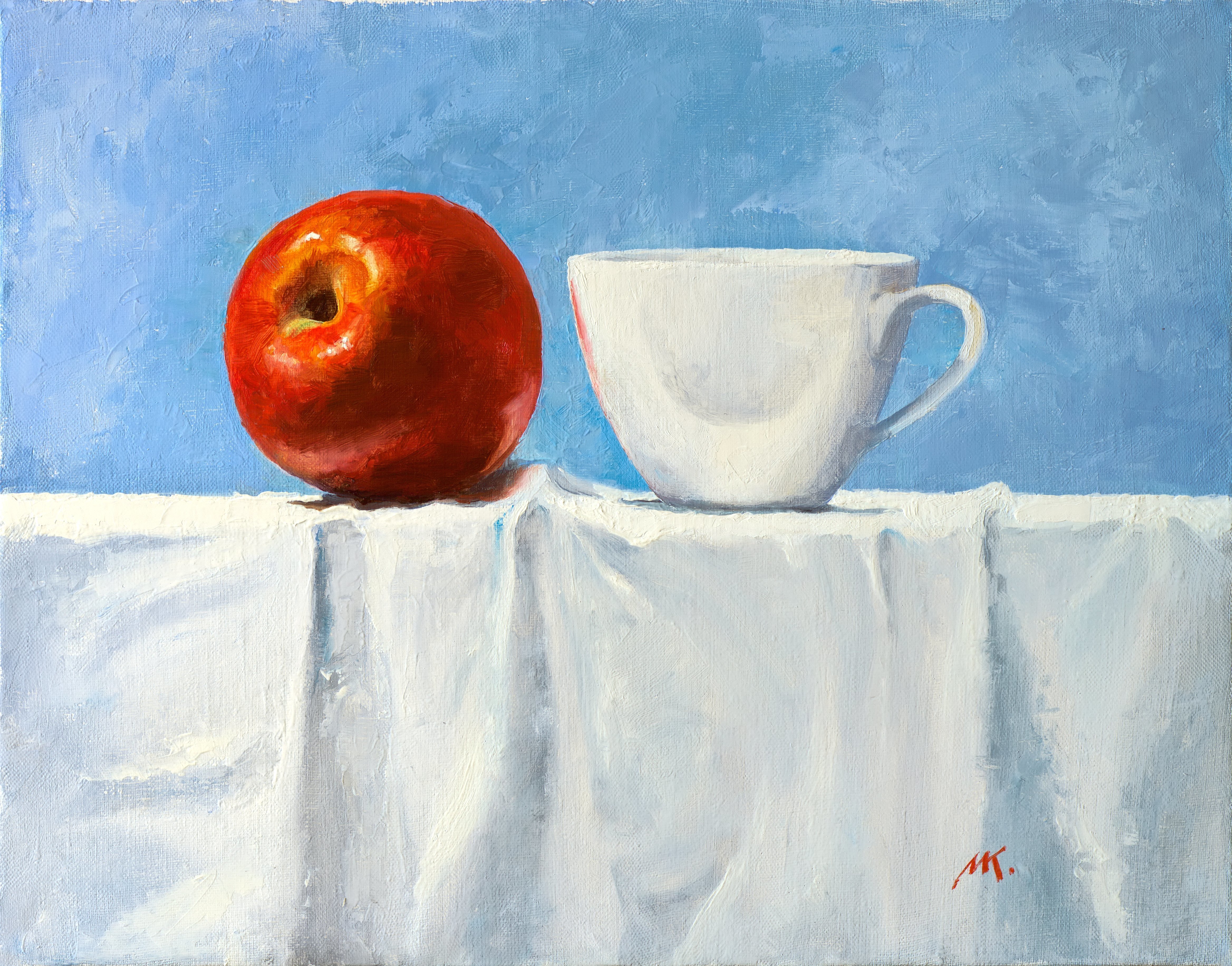 Mikhail Velavok; Red White, 2017, Original Painting Oil, 17.5 x 13.5 inches. Artwork description: 241 Original oil painting on canvas. The work is being sold unframed. The frame in the additional photo is an example only.still life, apple, red apple, cup, white cup, red, white, wrinkle, fold, fabric, white fabric, tablecloth...