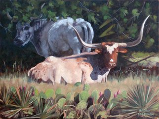Steve Miller; Resting, 2009, Original Painting Oil, 16 x 12 inches. Artwork description: 241  Texas longhorn hill country cactus yuca lansacape bulls cattle steer horns    ...