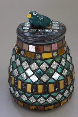Suzanne Noll;  Mosaic, Decorative Jar W..., 2012, Original Ceramics Handbuilt, 6 x 9 inches. Artwork description: 241  I incorporated the Renaissance style when design this glass jar. I loved the way by boxes and mirrors turned out so I wanted to include a matching jar but add my style by including the bird on top. This is a decorative jar only that must be ...