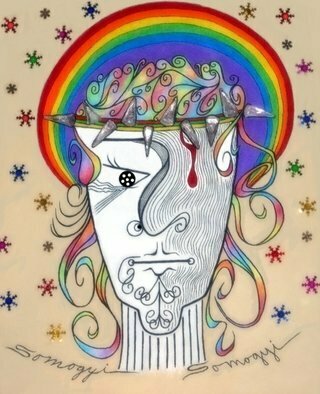 Jayne Somogy; Judge Not, 2019, Original Mixed Media, 16 x 20 inches. Artwork description: 241 A whimsical, pop art rendition of Jesus the Christ with a rainbow gay pride halo- - to say that EVERYONE is loved and accepted by God.Acrylics, metallic acrylics, holographic stars, jewels on canvas.  Crown of thorns made from acrylic jewels burnt into thorn shapes and applied to ...