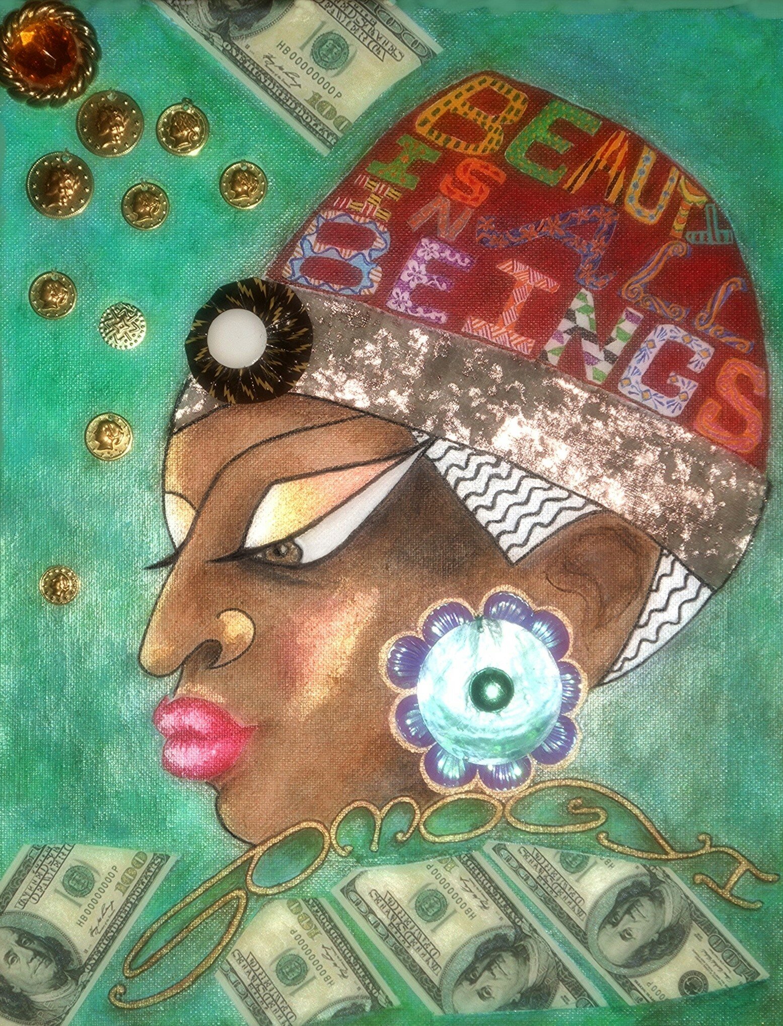 Jayne Somogy; Manna From Heaven, 2019, Original Mixed Media, 11 x 14 inches. Artwork description: 241 A fantastical, stylized representation of the idea that the abundance of the Universe is being showered down upon an Afrocentric beauty, because aEURoebeauty is in all beings. aEUR My signature is incorporated into the design of the painting.Acrylics, fabric, coins, found items and collage on canvas.To ...