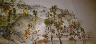 Debbi Chan, 'Idahoh her tales and tree...', 2012, original Artistic Book, 14 x 20  x 1 inches. Artwork description: 50619                 a watercolor/ ink on rice paper done as a continuous picture in a folding album. This one is  a landscape of Idaho seen through the trees.I AM CARVING PAGES FROM MY ALBUM 