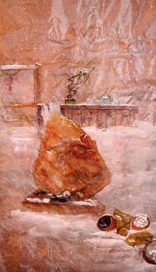 Debbi Chan, 'bird on the board', 2010, original Watercolor, 17 x 33  inches. Artwork description: 93783   a fanciful bird is portrayed in this watercolor on silk.  and i used a 