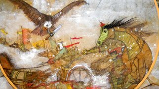 Debbi Chan, 'birds to war embroidered', 2011, original Fiber, 19 x 22  inches. Artwork description: 84675  i picked another good painting to embroider. this one' s subject is different than i usually do but it makes for good looking and thinking.            ...
