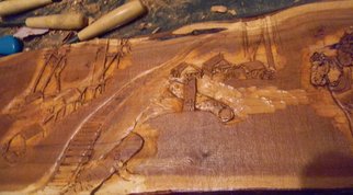 Debbi Chan, 'logging history in wood r...', 2012, original Bas Relief, 108 x 10  x 1 inches. Artwork description: 49035  an update on this deep relief carving on black walnut.  i am carving the logging history in Pacific NW taken from my logging album on to this piece of walnut. ...