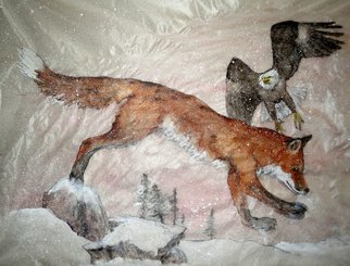 Debbi Chan, 'red fox flighting', 2012, original Watercolor, 16 x 21  inches. Artwork description: 64875   a new watercolor/ ink painted on silk. a lovely winter painting. ...