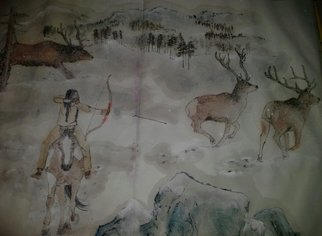 Debbi Chan, 'the hunt album', 2013, original Artistic Book, 17 x 23  x 1 inches. Artwork description: 37155  These album leaves are done in watercolor/ ink on rice paper.  They are part of a 70 foot story picture in a folding album. Using both album sides this painting tells a history of hunting.        Photos from Idaho.             Photos from Idaho.       this horizontal hand  scroll is done ...