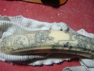 Debbi Chan, 'transportation long ago', 2009, original Other, 1 x 4  inches. Artwork description: 112395  on occasion i come across a piece of legal ivory, either fossilized or old. this is scrimshaw done on hippo uppers. ...
