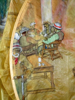 Debbi Chan, 'you coming to drink with ...', 2011, original Fiber, 19 x 32  inches. Artwork description: 76755   this one is so much fun to embroider. i am having a giood time. the picture is almost finished though.                                                                                                                                                                                                            i love the colors on this silk watercolor.                                                                                                              ...