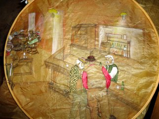 Debbi Chan, 'you coming to drink with ...', 2011, original Fiber, 19 x 32  inches. Artwork description: 76755    this one is so much fun to embroider. i am having a giood time. the picture is almost finished though.                                                                                                                                                                                                            i love the colors on this silk watercolor.                                                                                                               ...