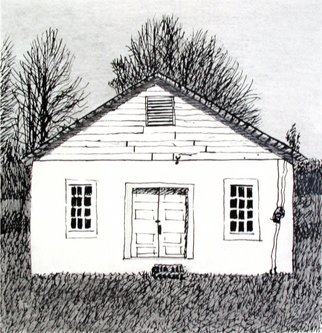 Keith Thrash; White Block Church, 1998, Original Printmaking Lithography, 7 x 7 inches. Artwork description: 241  Concrete block church on old road to east side of Rooster Bridge. ...