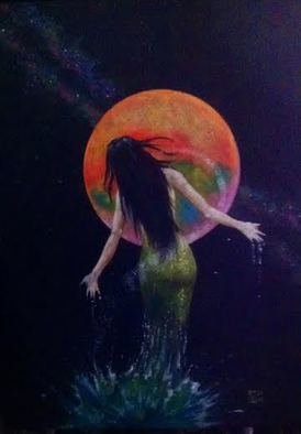 Stephen Briggs; Mermaid, 2016, Original Painting Oil, 16 x 20 inches. Artwork description: 241  A mermaid breaches in front of a fantasy moon with a spray of water. Oil on illustration board. Original illustration for the cover of Far Horizons emagazine. ...