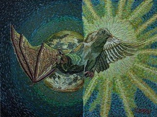 Stephen Vattimo; Terror And Peace, 2016, Original Painting Acrylic, 36 x 24 inches. Artwork description: 241  Medium   Acrylic On CanvasSize  26 x 34Style Symbolism, Surreal, impressionistic .Subject Dove, Sun, - Bat, MoonDate of Work  Nov 2015 - Sept 19,2016This painting started out as a pumpkin design for the Chads Ford Pa. Historical Societys Great pumpkin Carve.      Which I have been ...