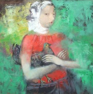 Stanislav Zvolsky; Chernushka, 2009, Original Painting Oil, 81 x 81 cm. Artwork description: 241  Chernushka, oil, painting, girl whith chicken, chicken, ukranian, village,  ...