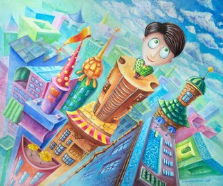 Viktoria Zhornik; On Top Of The World, 2015, Original Painting Oil, 120 x 100 cm. Artwork description: 241  city, sky, house, person, man, skyscraper, landscape, roof, man, height ...