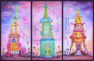 Viktoria Zhornik; Towers Triptych, 2014, Original Painting Oil, 240 x 160 cm. Artwork description: 241  architecture, landscape, tower, fantasy, space, sky, mountains, triptych, colorful, surreal, home, bright ...