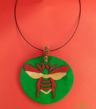 Tatjana Alic; Handmade Necklace, 2019, Original Jewelry, 65.4 x 50.3 mm. Artwork description: 241 Necklace:- green pendant with red gold design  bee - choker, black - colored...