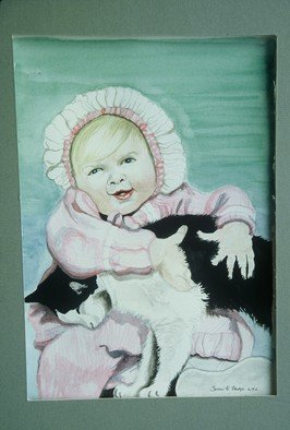 Terri Flowers; Baby And Cat Watercolor, 1999, Original Watercolor, 16 x 12 inches. Artwork description: 241   Portrait of baby girl in pink holding a black and white cat. ...