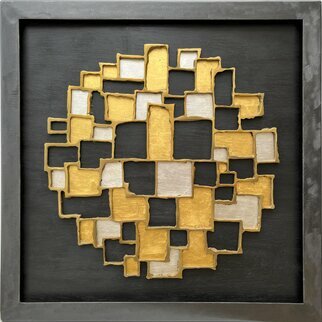 Ted Schaal; Metropolis, 2023, Original Sculpture Mixed, 24 x 24 inches. Artwork description: 241 This is a wall piece that is bronze, gold, silver, wood and steel. The raised bronze rectangles grew organically from the center out as I welded the shapes in a freeform progression. The gold a silver are applied leaf metal on to the black stained wood. The ...