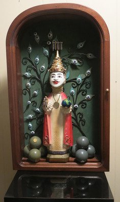 Kathleen Mcsherry; All Eyes On The World, 2017, Original Sculpture Other, 13 x 21 inches. Artwork description: 241 Found Objects: Showcase, Tibetan head, saint statue, metal floral leaves, doll eyes, pool balls, gears. ...