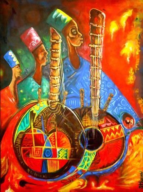 Egunlae Olumide; Kora Beauty, 2012, Original Painting Oil, 90 x 120 cm. Artwork description: 241  this picture displays the beauty of the common local musical instrument in the Gambia. One thing that also strikes me is that the kora players and custodians decorate their dresses in a similar designs on their instruments  ...