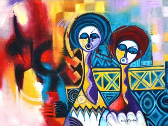 Egunlae Olumide; Sisters, 2019, Original Painting Oil, 120 x 90 cm. Artwork description: 241 Two ladies is a representation of average African local women especially when going to ceremony or special outing. It is executed in oil and embedded in powerful African motifsPaintingTitle - SistersMaterials: canvas, oil Dimensions: 90H x 120W  cm Year of Creation: 2017PRICE : Dhs 8500...