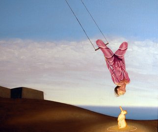 Tim Murphy; Above The Goal, 2000, Original Painting Oil, 24 x 20 inches. Artwork description: 241   flying, woman, shore, ocean, trapeze, castle island, bunny, glow, sea, flight, float, fantasy, enlightenment, tim, murphy, Boston, dock, bird, calm, peaceful  ...