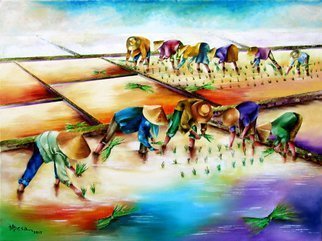 Miriam Besa; Planting Rice, 2016, Original Painting Oil, 38 x 28 inches. Artwork description: 241 This painting captures the traditional farm life on a hot sunny day. No dark colors are used to produce a feeling of tranquility and peace. I used yellows, oranges and purples to reflect the true Filipino soul of endurance and hard work. The treatment of the clouds ...