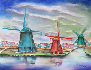 Miriam Besa; Windnill Village Amsterdam, 2018, Original Painting Oil, 36 x 28 inches. Artwork description: 241 A village in Amsterdam with 3 giant windmills.  On a sunny day, the reflections of the windmills are pronounced on the water, giving the scene a more interesting and calming effect.  On the background are the traditional looking houses against the beautiful and expressive treatment of the ...
