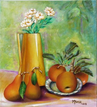 Miriam Besa; Yellow Pitcher With Pears, 2018, Original Painting Oil, 18 x 20 inches. Artwork description: 241 A still life created in oil on canvas. The tall yellow pitcher with white blooming flowers compliments the delicious pears and apples on a plate. The pears and apples have just been picked as they have the stems and leaves, so inviting in their freshness. ...