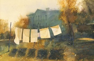 Sergei Kurbatov; Poem About Drying Linen, 2013, Original Watercolor, 14.5 x 9.5 inches. Artwork description: 241  autumn, town, sun, bed linen, street scene, Russia ...