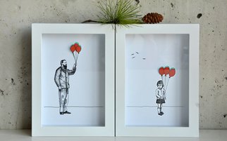 Aleksandar Janicijevic; Girl And Grandfather With..., 2014, Original Drawing Pen, 12 x 8 inches. Artwork description: 241  girl and grandfather with balloons, atmosphere with freedom in mind, nature, sustainable, affordable, cute, children, nursery       ...