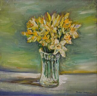 Pavel Levites; Daffodils, 2023, Original Painting Oil, 40 x 40 cm. Artwork description: 241 This painting by Pavel Levites, created in 2022, explores the spring theme through the image of daffodils. The use of bright yellow tones in combination with exquisite vase decorations gives the work a particularly warm and light mood. The artist masterfully uses contrasts and shadows to convey ...