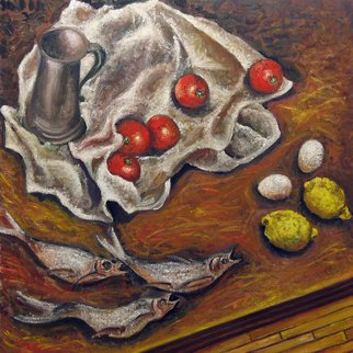 Vladimir Kezerashvili; Still Life With Fish Toma..., 2012, Original Painting Oil, 25 x 25 inches. Artwork description: 241   still life, fish, tomatoes, eggs, lemons       ...