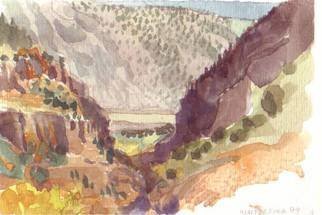 Walter King, 'Rio Grande Near Bandelier...', 2004, original Watercolor, 7 x 5  x 1.1 cm. Artwork description: 1911   On a visit to New Mexico my friend Michelle took me to Bandelier State Park to see the Cliff dwellings. We hiked around for a few miles. . . while I was painting this Michelle burned some sage....